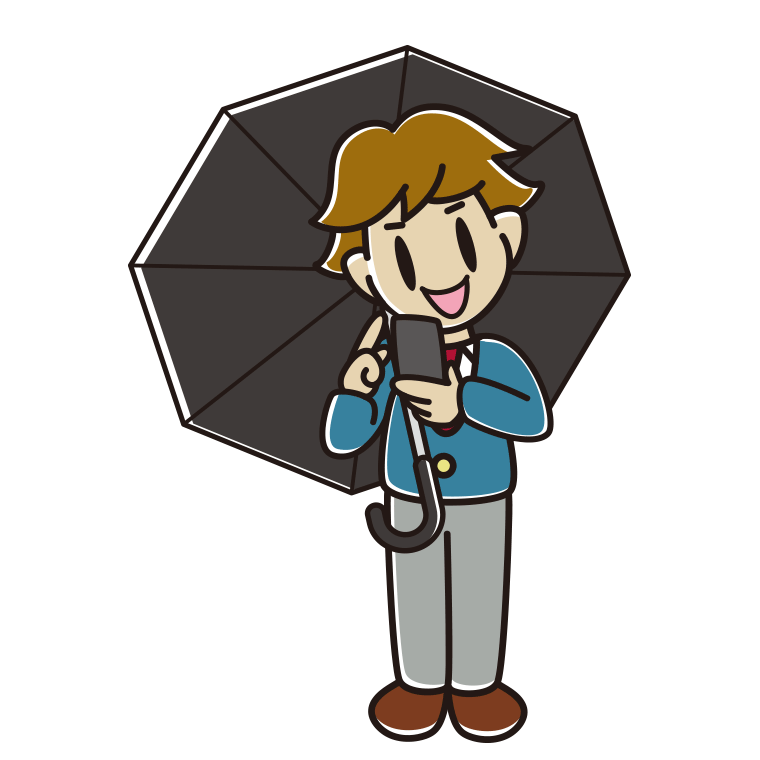 傘をさしてスマホを使う男子高校生のイラスト【色あり、背景なし】透過PNG