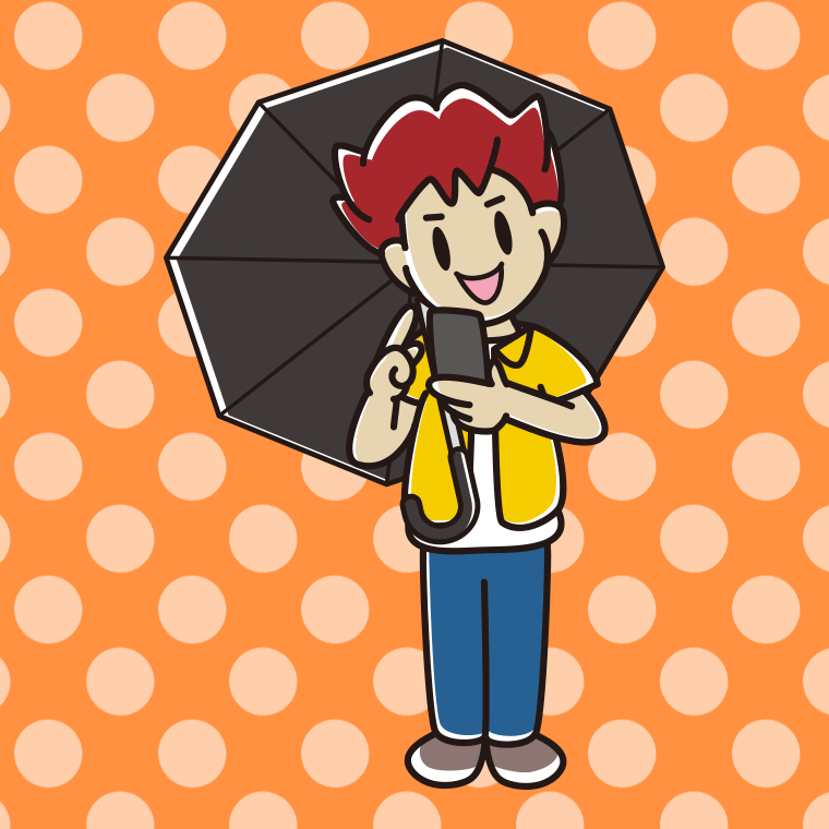 傘をさしてスマホを使う男子大学生のイラスト【色、背景あり】PNG