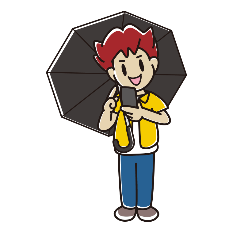傘をさしてスマホを使う男子大学生のイラスト【色あり、背景なし】透過PNG