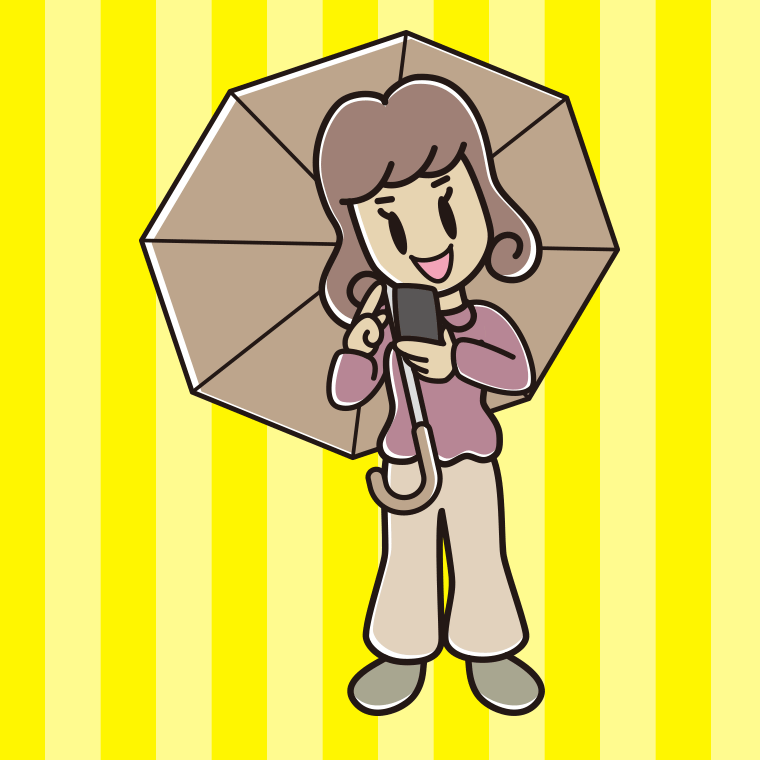傘をさしてスマホを使う女子大学生のイラスト【色、背景あり】PNG
