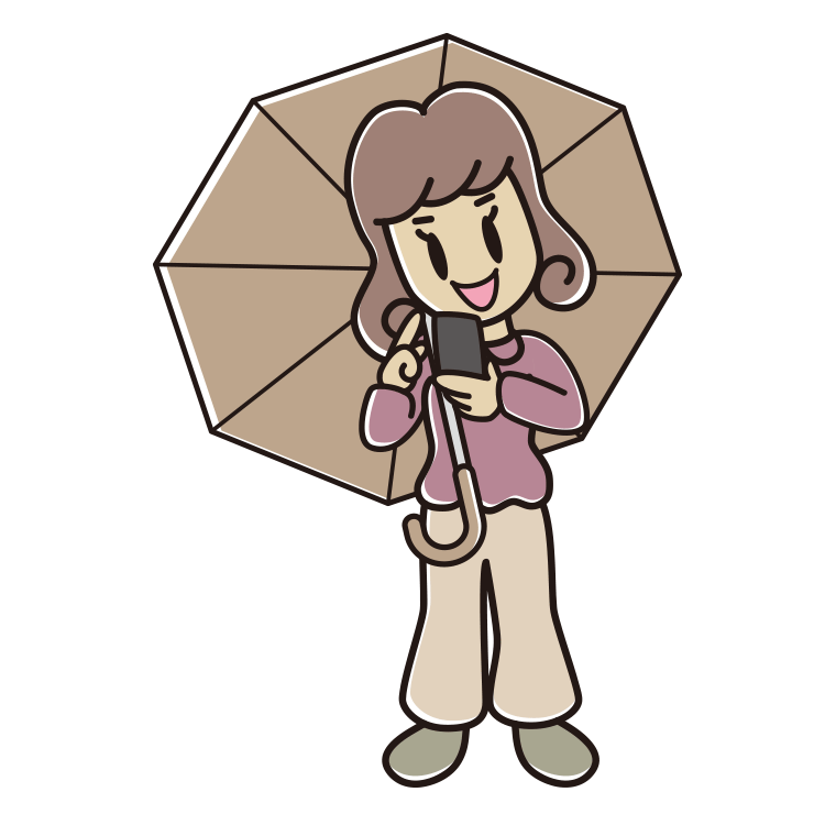 傘をさしてスマホを使う女子大学生のイラスト【色あり、背景なし】透過PNG