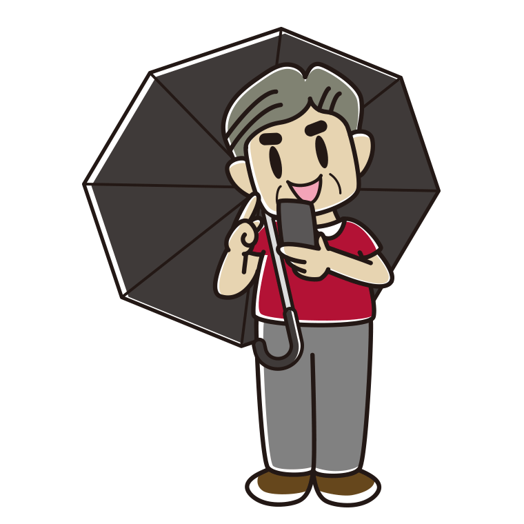 傘をさしてスマホを使うおじさんのイラスト【色あり、背景なし】透過PNG