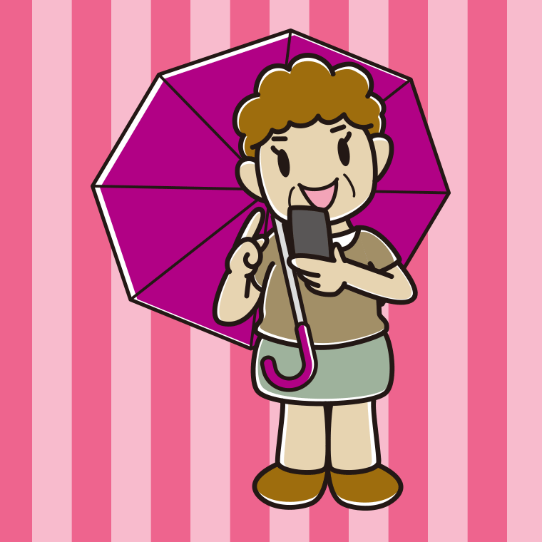 傘をさしてスマホを使うおばさんのイラスト【色、背景あり】PNG