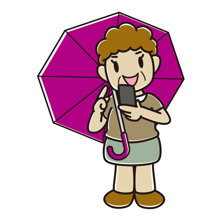 傘をさしてスマホを使うおばさんのイラスト【色あり、背景なし】透過PNG