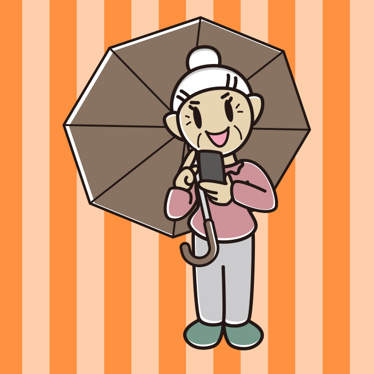 傘をさしてスマホを使うおばあさんのイラスト【色、背景あり】PNG