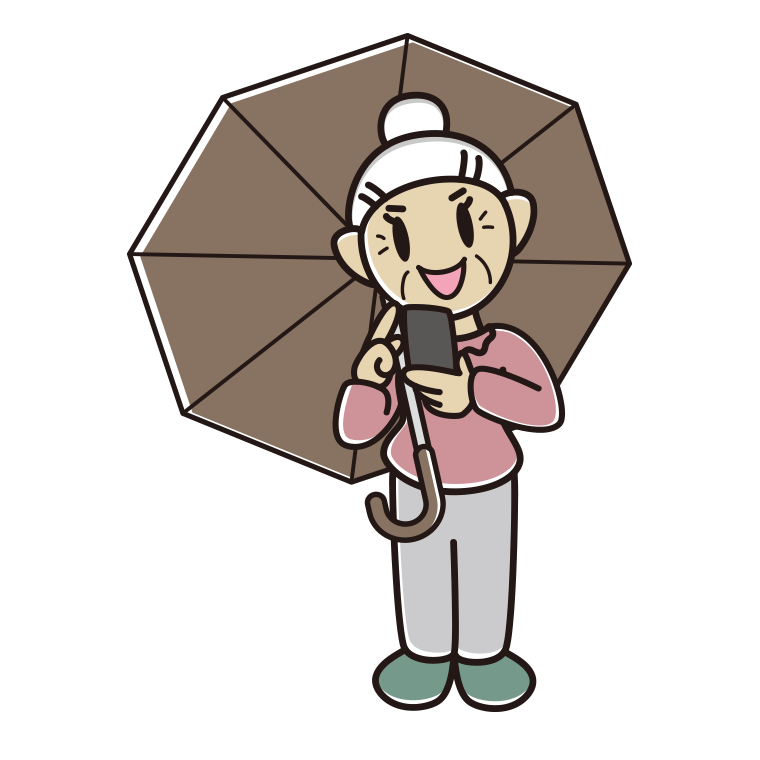 傘をさしてスマホを使うおばあさんのイラスト【色あり、背景なし】透過PNG