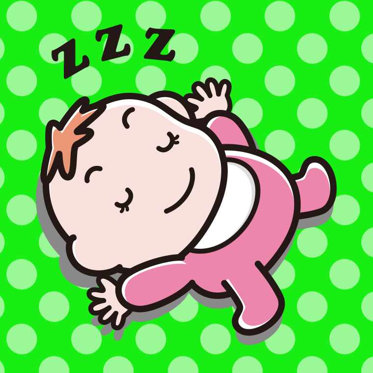 両腕をあげてバンザイ寝する女の子の赤ちゃんのイラスト【色、背景あり】PNG