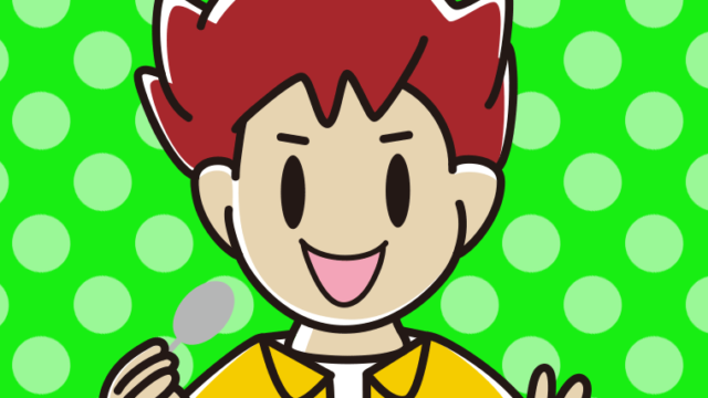 スプーンを持つ男子大学生のイラスト【色、背景あり】PNG