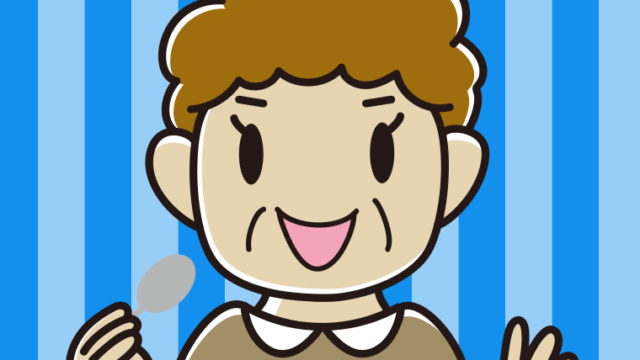 スプーンを持つおばさんのイラスト【色、背景あり】PNG