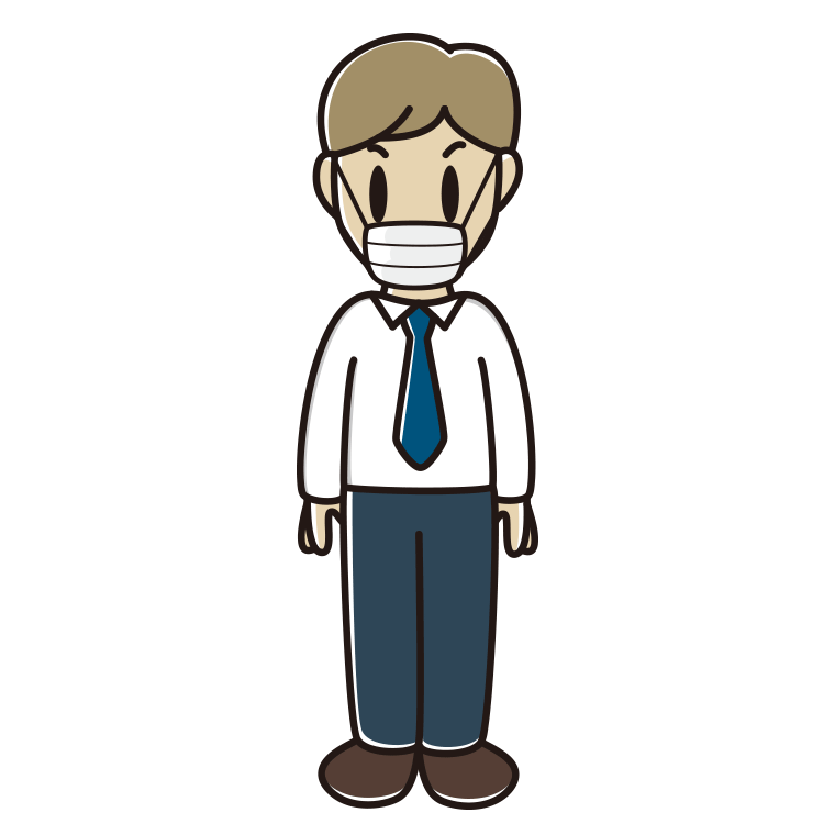 マスクをする男性会社員（ワイシャツ）のイラスト【色あり、背景なし】透過PNG