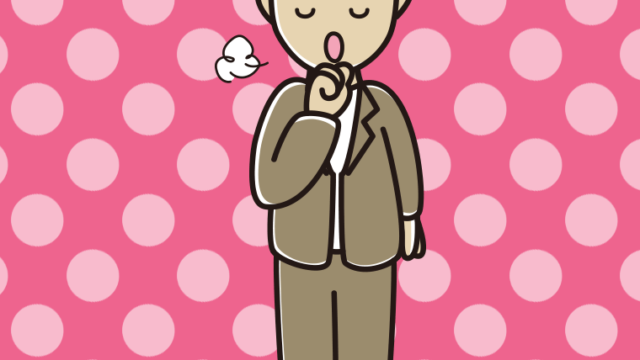 咳払いする男性会社員（カジュアル）のイラスト【色、背景あり】PNG