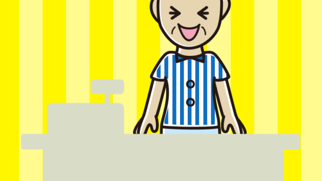 笑う年配女性コンビニ店員のイラスト【色、背景あり】PNG