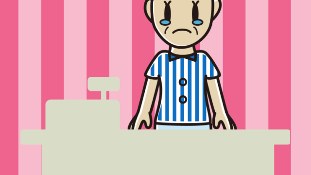 泣く年配女性コンビニ店員のイラスト【色、背景あり】PNG