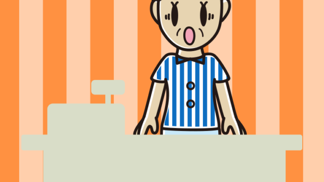 驚く年配女性コンビニ店員のイラスト【色、背景あり】PNG