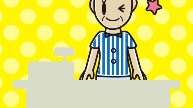 ウインクする年配女性コンビニ店員のイラスト【色、背景あり】PNG