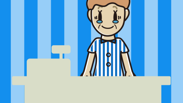 ジーンとする年配女性コンビニ店員のイラスト【色、背景あり】PNG