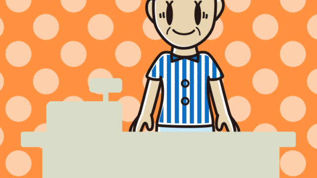 苦笑いする年配女性コンビニ店員のイラスト【色、背景あり】PNG