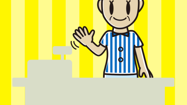 手を振る年配女性コンビニ店員のイラスト【色、背景あり】PNG