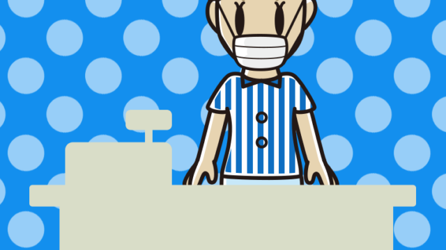 マスクをする年配女性コンビニ店員のイラスト【色、背景あり】PNG