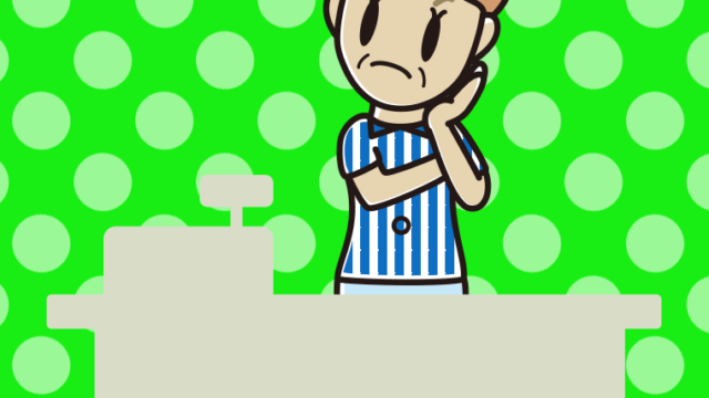 考える年配女性コンビニ店員のイラスト【色、背景あり】PNG