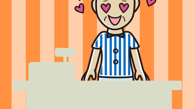 目がハートの年配女性コンビニ店員のイラスト【色、背景あり】PNG