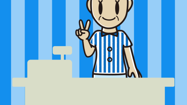 ピースをする年配女性コンビニ店員のイラスト【色、背景あり】PNG