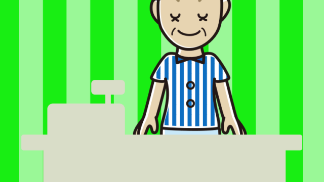 目を閉じる年配女性コンビニ店員のイラスト【色、背景あり】PNG