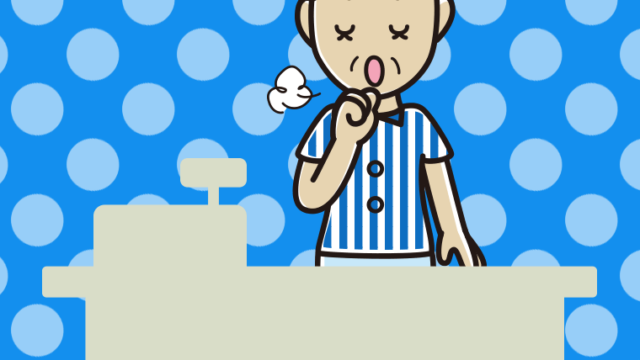 咳払いする年配女性コンビニ店員のイラスト【色、背景あり】PNG