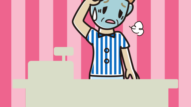 具合が悪い年配女性コンビニ店員のイラスト【色、背景あり】PNG