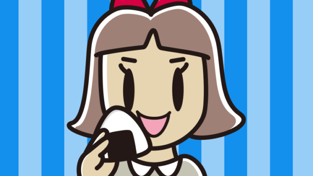 おにぎりを食べる小学生女子のイラスト【色、背景あり】PNG