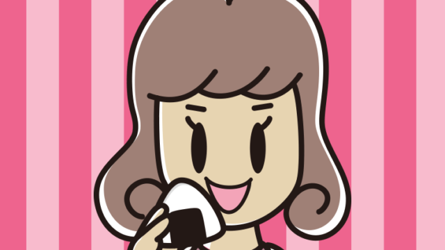 おにぎりを食べる女子大学生のイラスト【色、背景あり】PNG