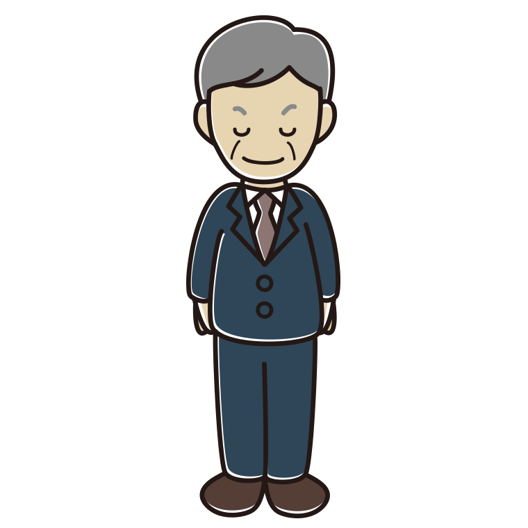 お辞儀する年配男性会社員のイラスト【色あり、背景なし】透過PNG