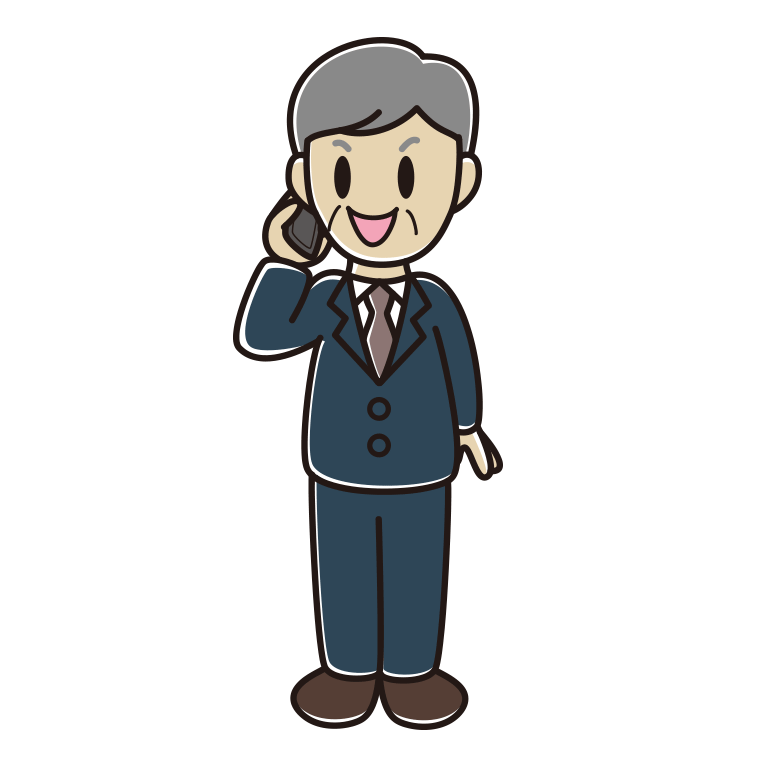 スマホで電話する年配男性会社員のイラスト【色あり、背景なし】透過PNG