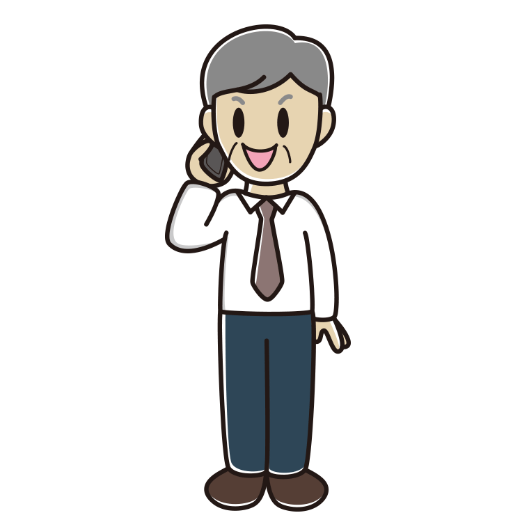 スマホで電話する年配男性会社員（ワイシャツ）のイラスト【色あり、背景なし】透過PNG