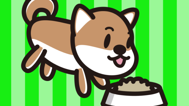 ごはんを食べる柴犬ちゃん（犬）のイラスト【色、背景あり】PNG