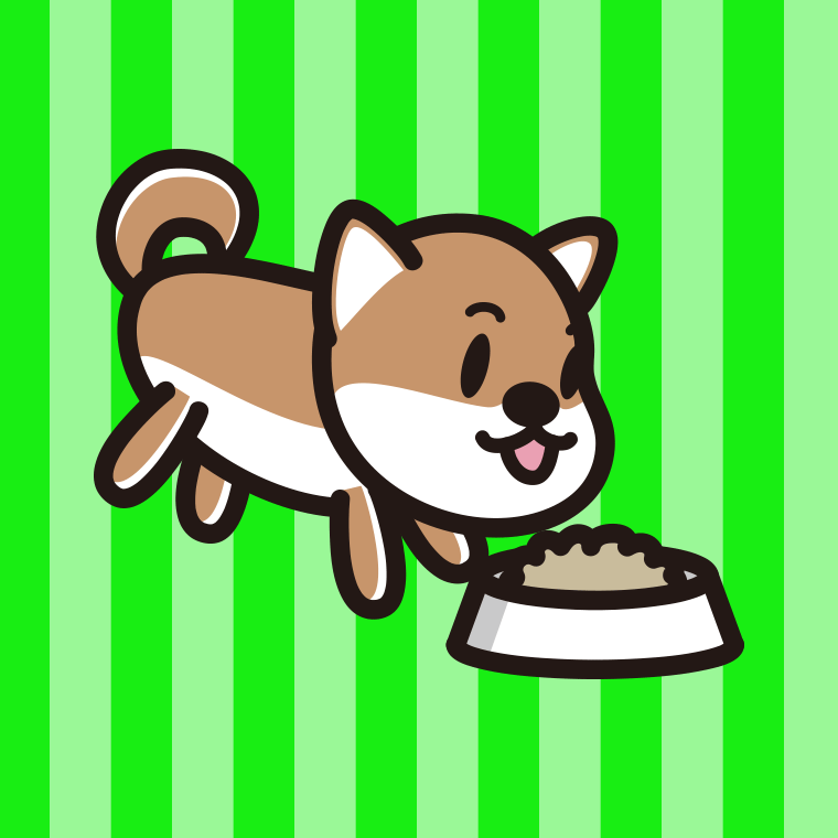 ごはんを食べる柴犬ちゃん（犬）のイラスト【色、背景あり】PNG