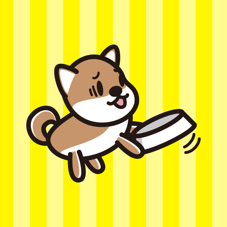 ごはんをもっと食べたい柴犬ちゃん（犬）のイラスト【色、背景あり】PNG
