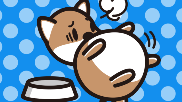 ごはんを食べて満腹な柴犬ちゃん（犬）のイラスト【色、背景あり】PNG