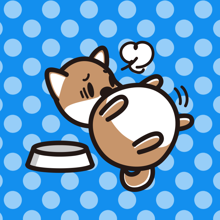 ごはんを食べて満腹な柴犬ちゃん（犬）のイラスト【色、背景あり】PNG