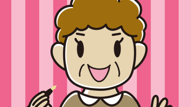 万年筆を持つおばさんのイラスト【色、背景あり】PNG