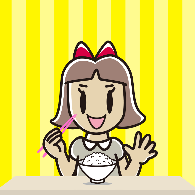 ごはん（白米）を食べる小学生女子のイラスト【色、背景あり】PNG