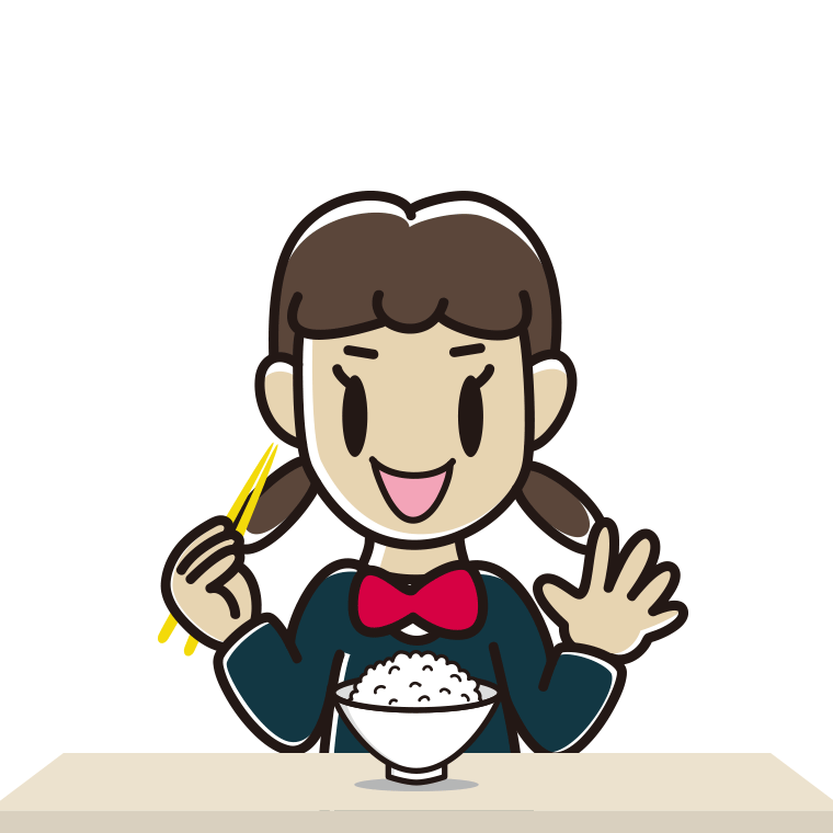 ごはん（白米）を食べる女子中学生のイラスト【色あり、背景なし】透過PNG