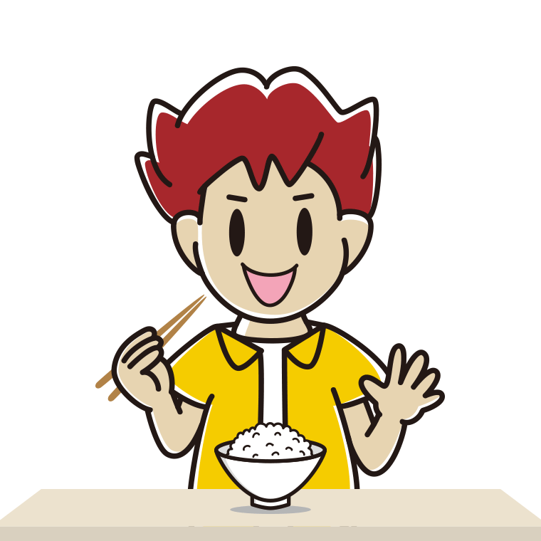 ごはん（白米）を食べる男子大学生のイラスト【色あり、背景なし】透過PNG