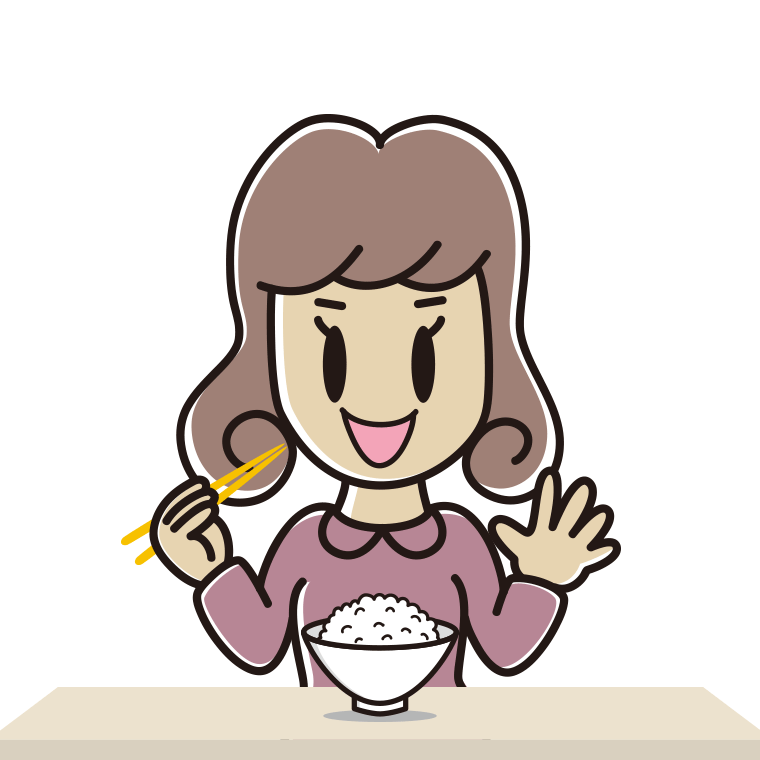 ごはん（白米）を食べる女子大学生のイラスト【色あり、背景なし】透過PNG
