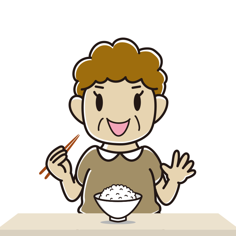 ごはん（白米）を食べるおばさんのイラスト【色あり、背景なし】透過PNG