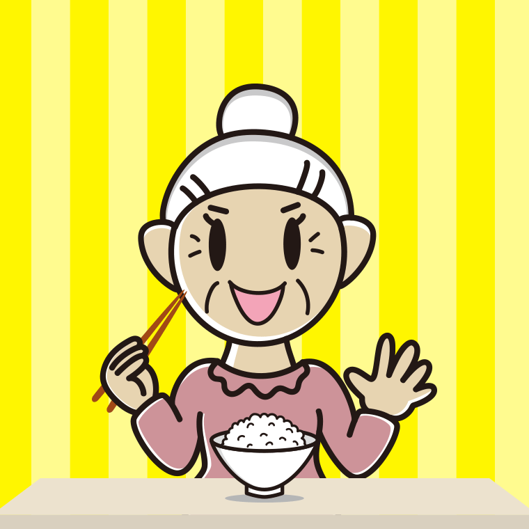 ごはん（白米）を食べるおばあさんのイラスト【色、背景あり】PNG