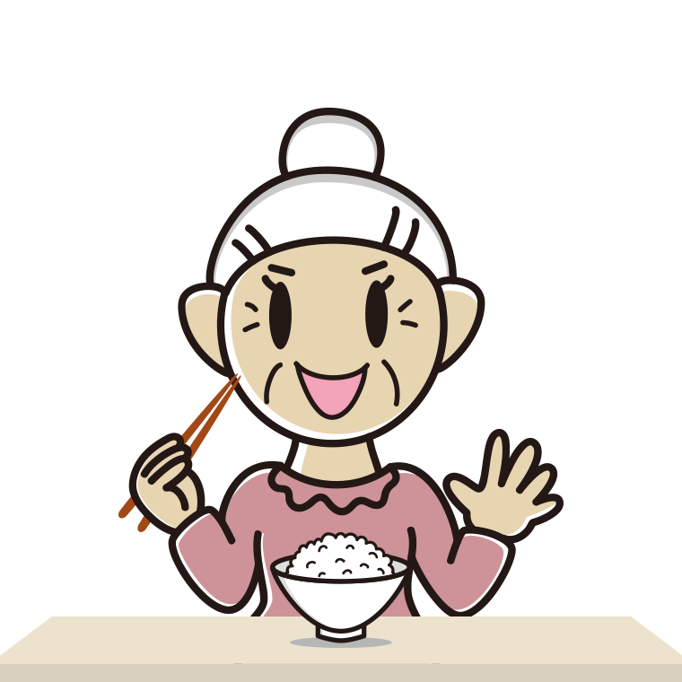 ごはん（白米）を食べるおばあさんのイラスト【色あり、背景なし】透過PNG