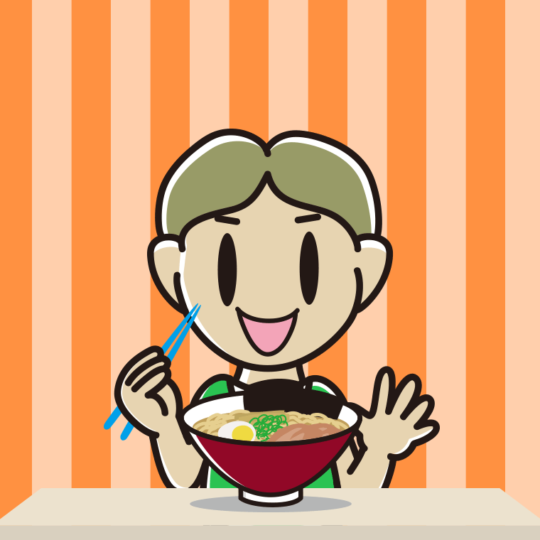 ラーメンを食べる小学生男子のイラスト【色、背景あり】PNG
