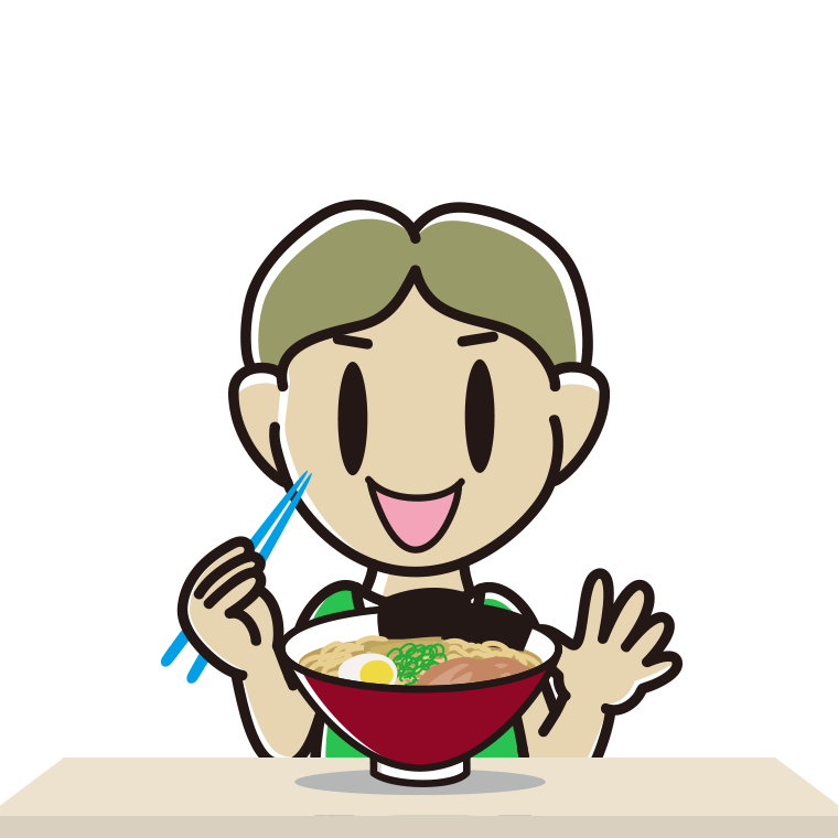 ラーメンを食べる小学生男子のイラスト【色あり、背景なし】透過PNG