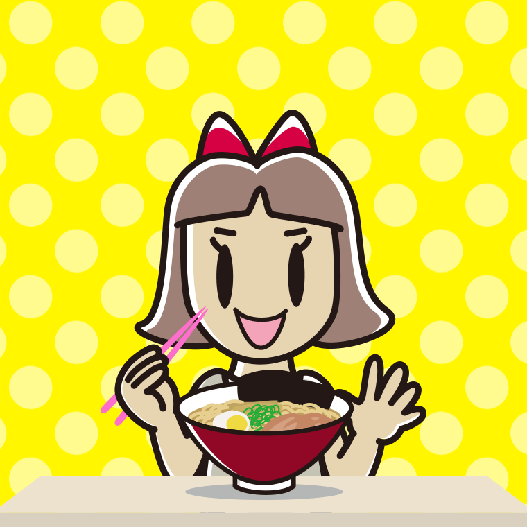 ラーメンを食べる小学生女子のイラスト【色、背景あり】PNG